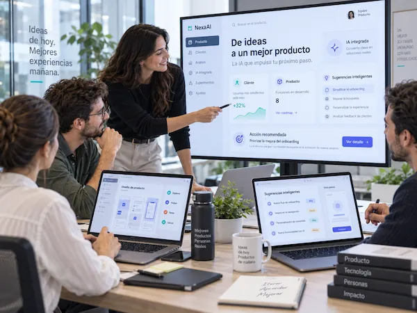 Equipo trabajando en la evolución de un producto de software con inteligencia artificial