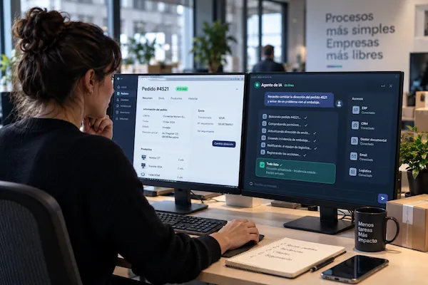 Profesional trabajando con un agente de inteligencia artificial conectado a los sistemas de su empresa